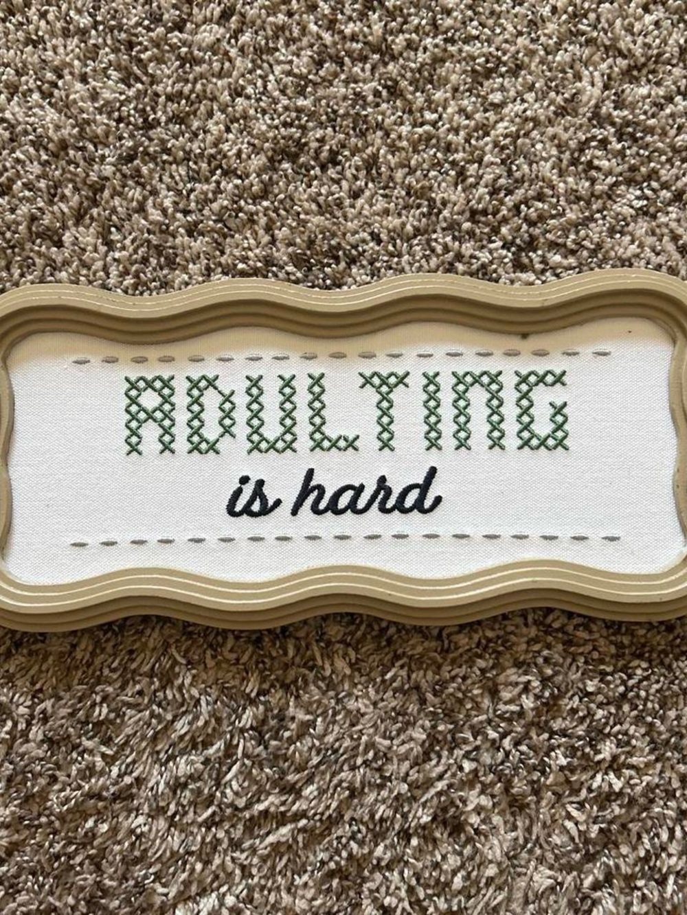 Framed Cross-Stitch "Adulting is Hard" Wall Sign - Green & Black